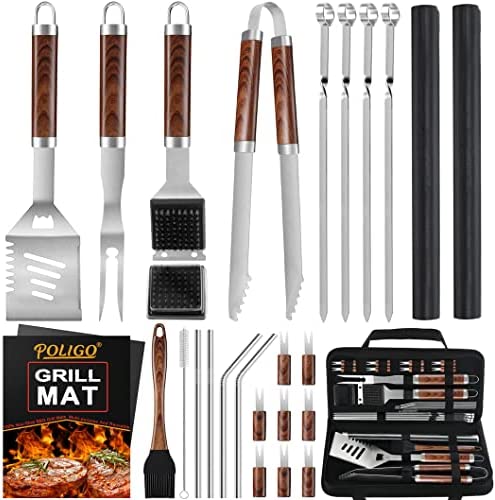 ROMANTICIST 26pcs Grilling Accessories Kit for Men Women, Stainless Steel  Heavy Duty BBQ Tools with Glove and Corkscrew, Grill Utensils Set in